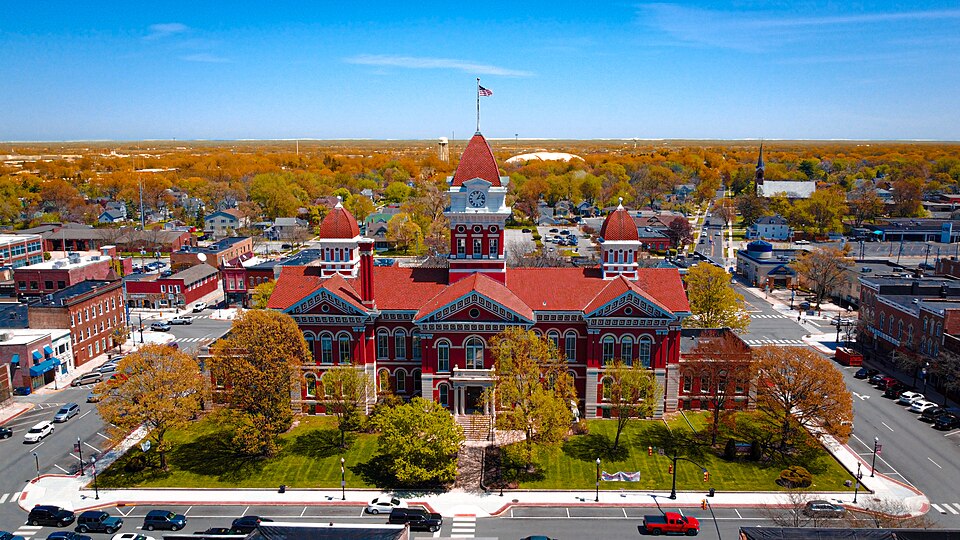 Aerial view of the historic Old Lake County Courthouse in downtown Crown Point, Indiana